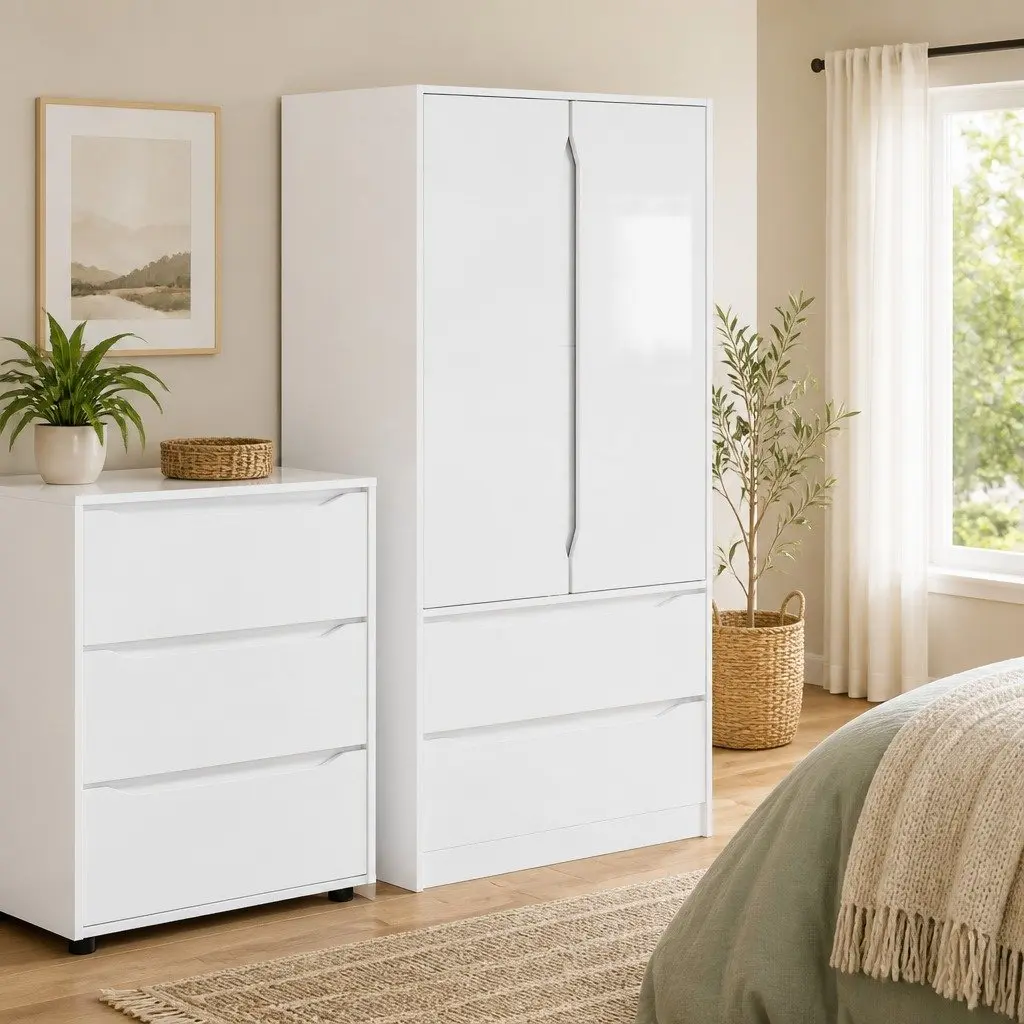 High Gloss White Wardrobe with Smooth-Gliding Drawers
