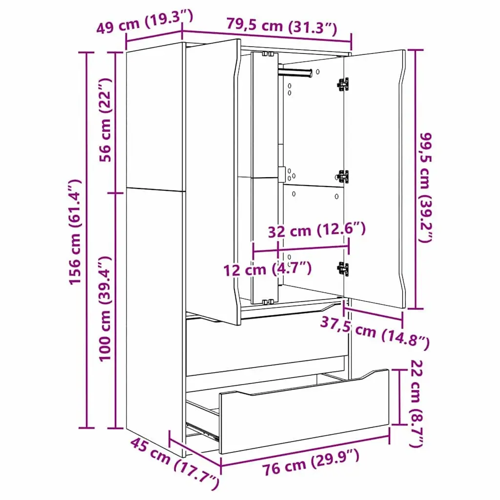 Wardrobe Engineered Wood 79.5 x 49 x 156 cm High Gloss White