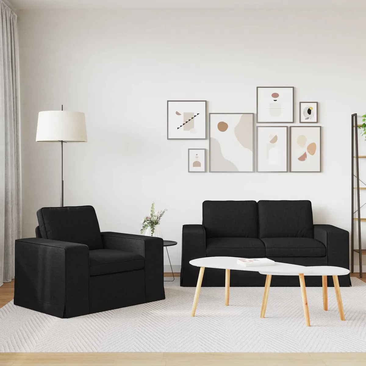 2-Piece Modular Fabric Sofa Set Black Modern Living Room Sectional Couch