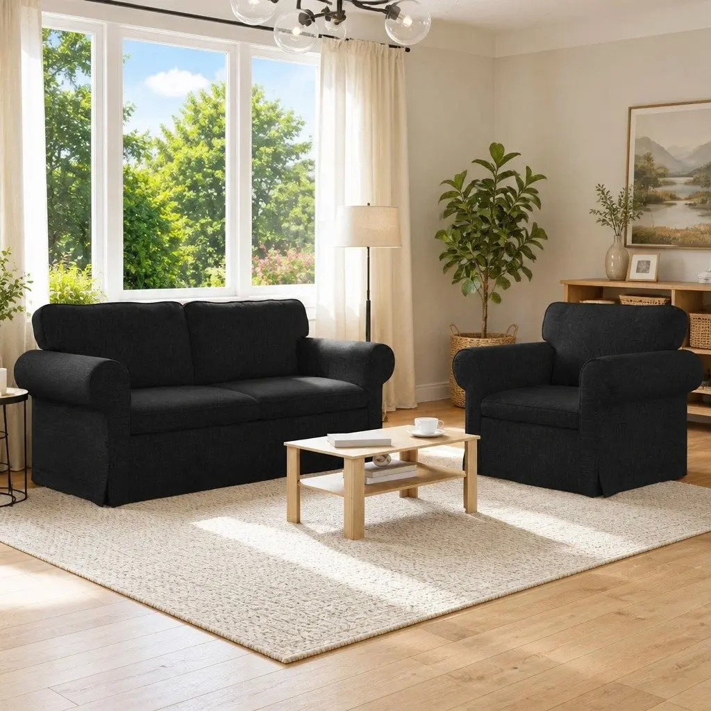 Black Fabric 2-Piece Modular Sofa Set