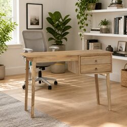 Brown Office Writing Table with 2 Drawers in Solid Wood