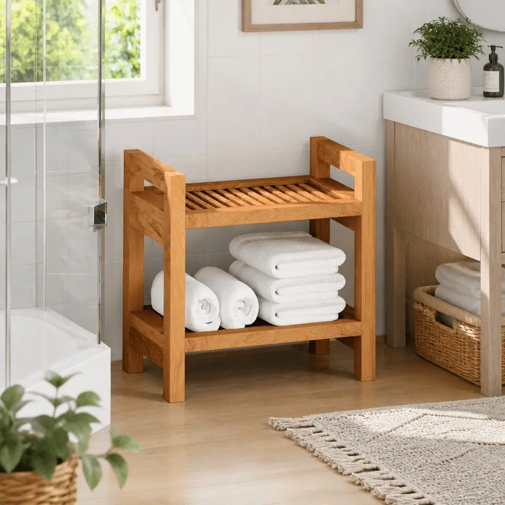Teak Wood Bathroom Side Table with Storage Shelf