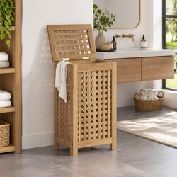 Durable Teak Wooden Laundry Basket with Lattice Design