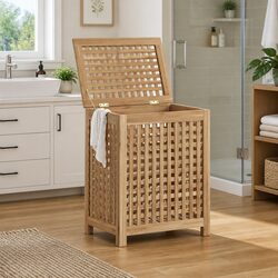 Solid Teak Wood Laundry Basket with Lattice Design