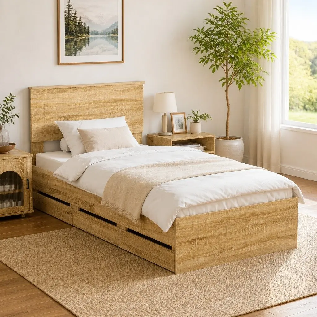 Bed Frame with Storage Drawer in Sonoma Oak