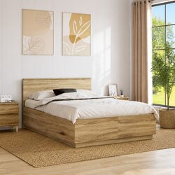 Bed Frame 150 x 200 cm Brown Modern Wall-Mounted Headboard Engineered Wood