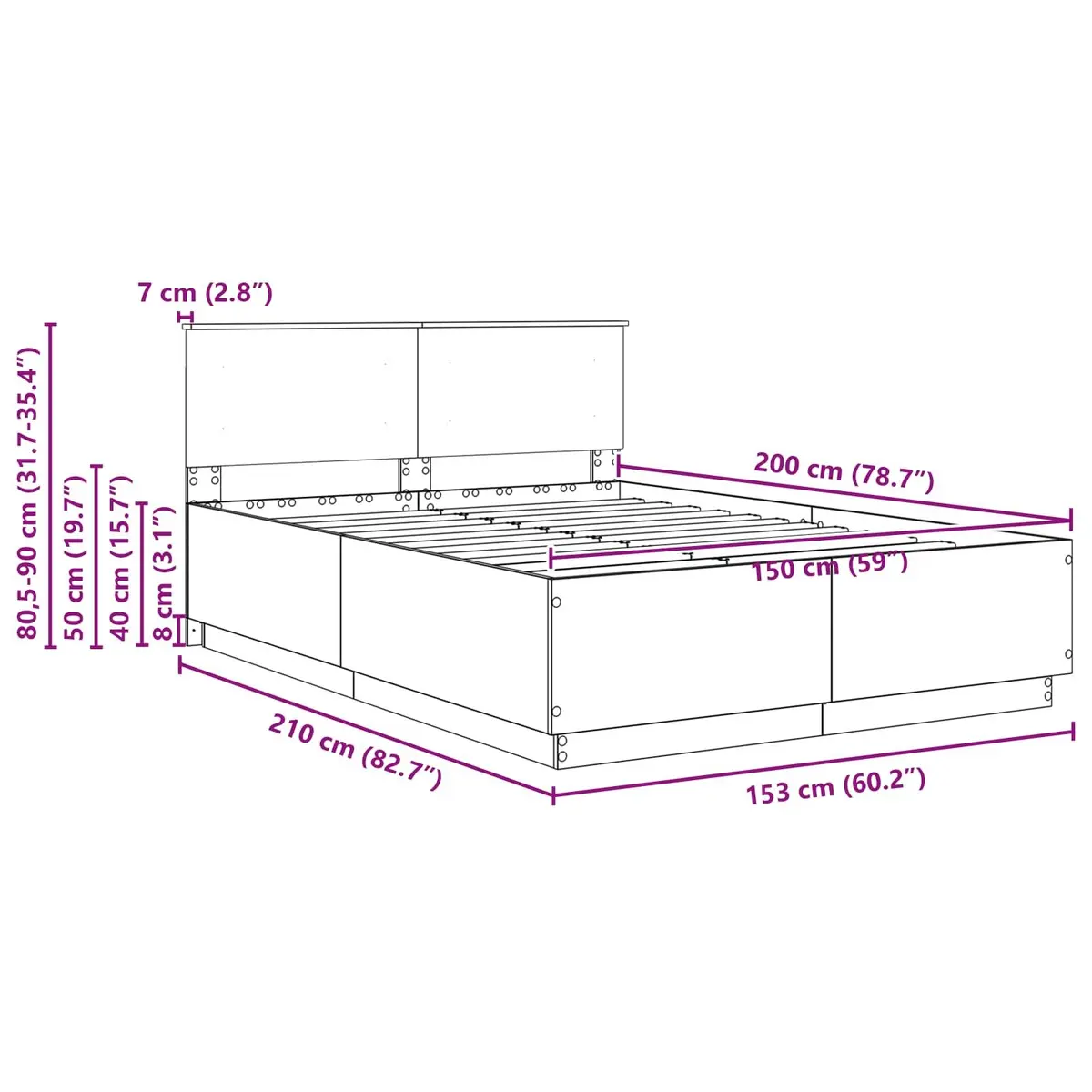 Brown Bed Frame with Wall-Mounted Headboard 150 x 200 cm