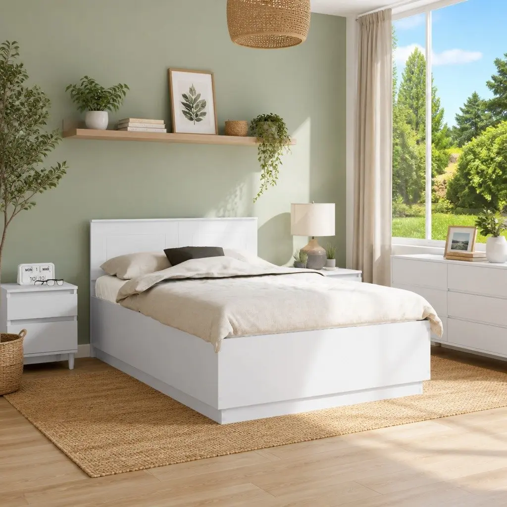 White Bed Frame with Adjustable Wall-Mounted Headboard 135 x 190 cm