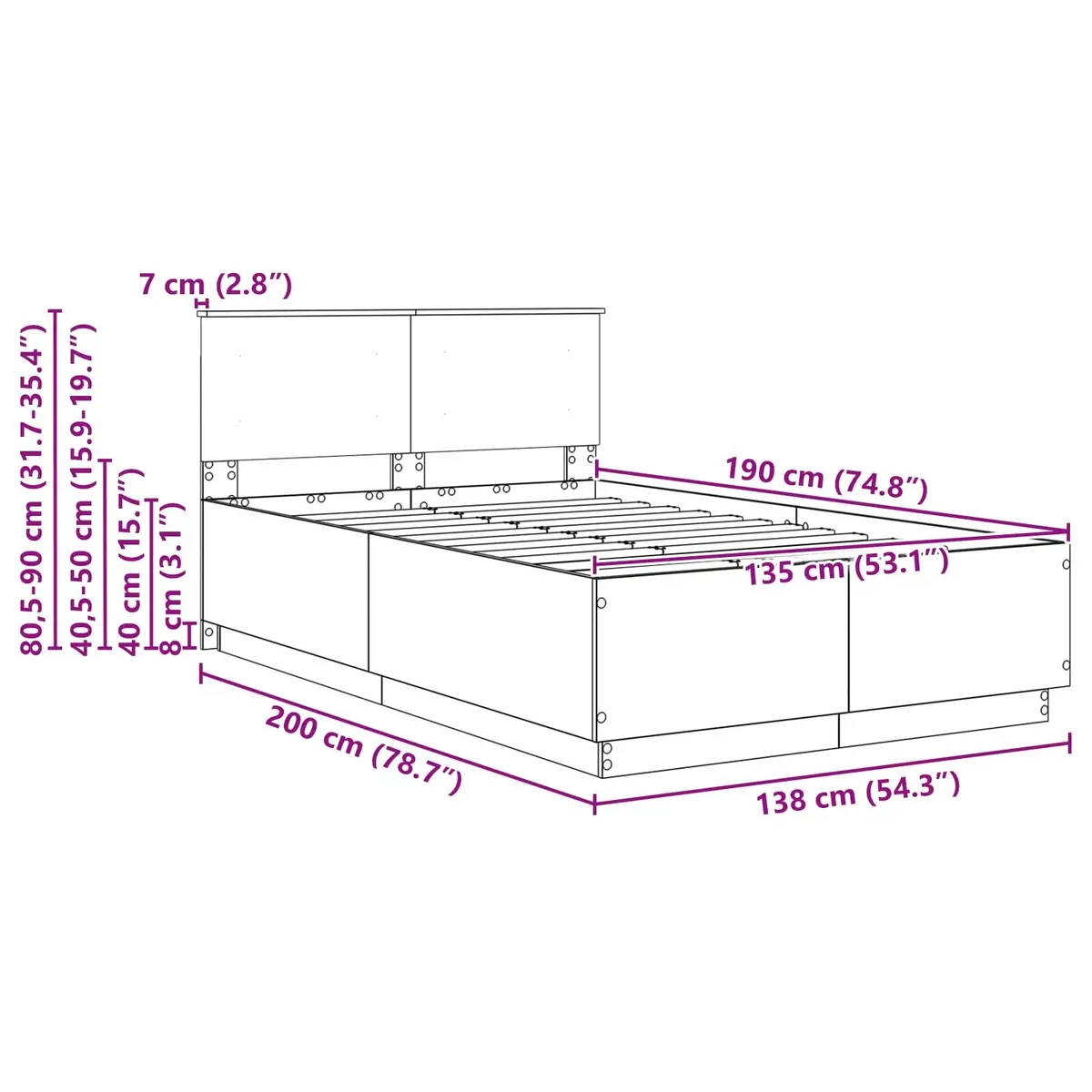 White Bed Frame with Adjustable Wall-Mounted Headboard 135 x 190 cm
