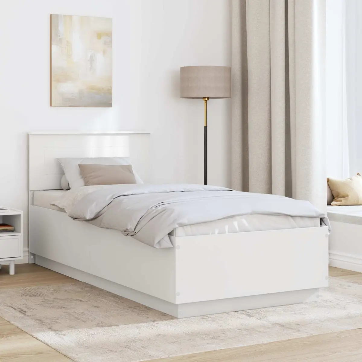White Bed Frame with Adjustable Wall-Mounted Headboard