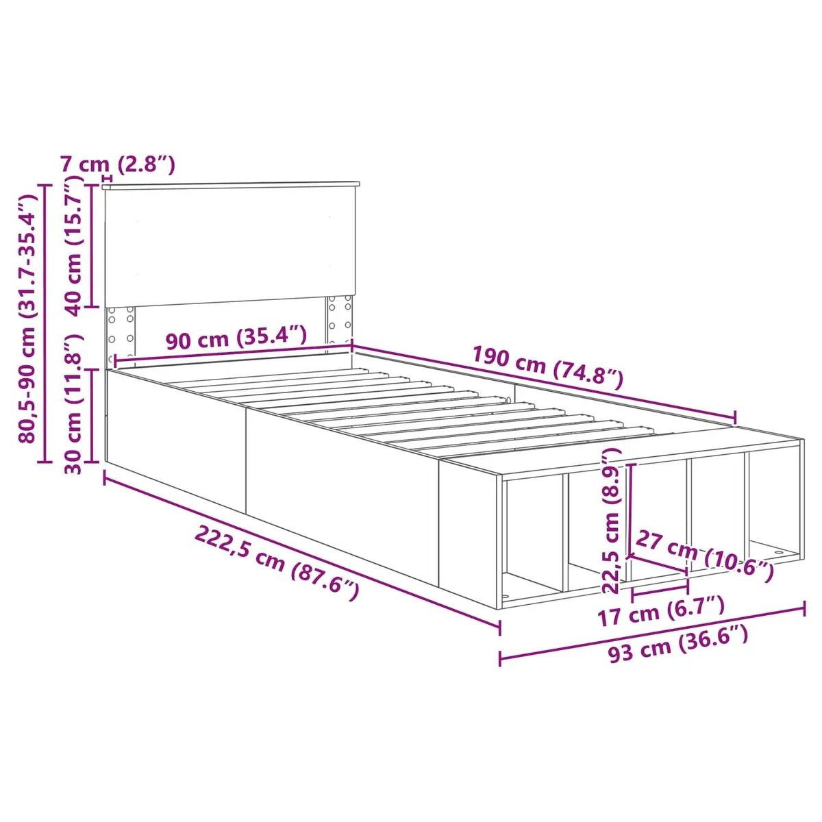 Bed Frame Engineered Wood 90 x 190 cm White Storage Headboard Adjustable Footboard