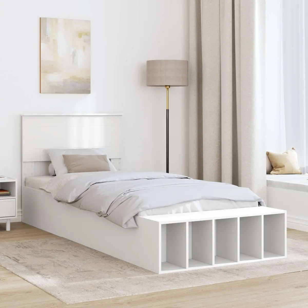 Bed Frame Engineered Wood 90 x 190 cm White Storage Headboard Adjustable Footboard