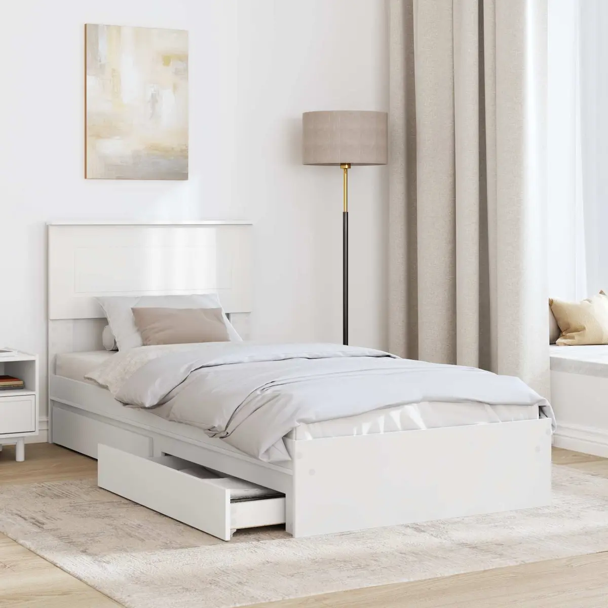 White Storage Bed Frame with Headboard 90 x 190 cm