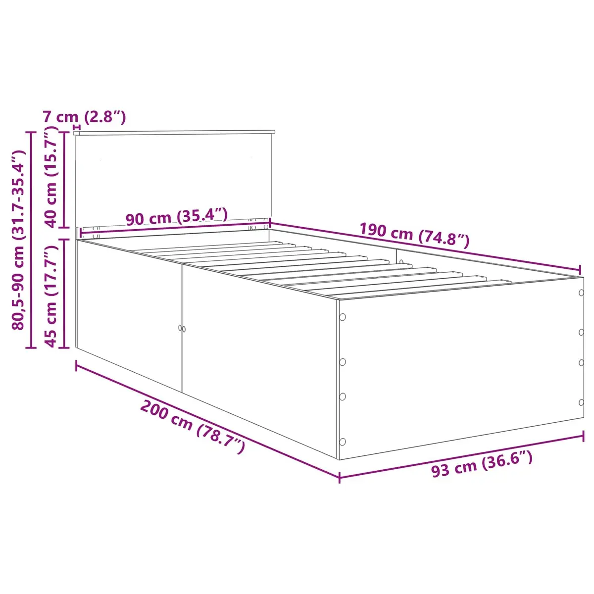 White Bed Frame with Headboard 90 x 190 cm