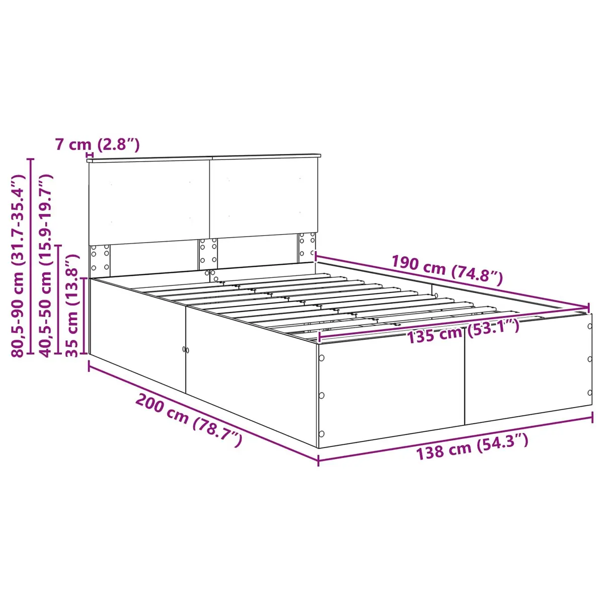 White Bed Frame with Headboard 135 x 190 cm