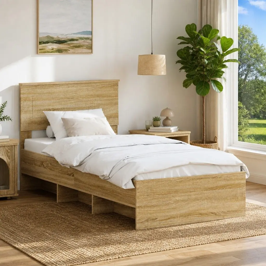 Brown Engineered Wood Bed Frame with Headboard 90 x 200 cm