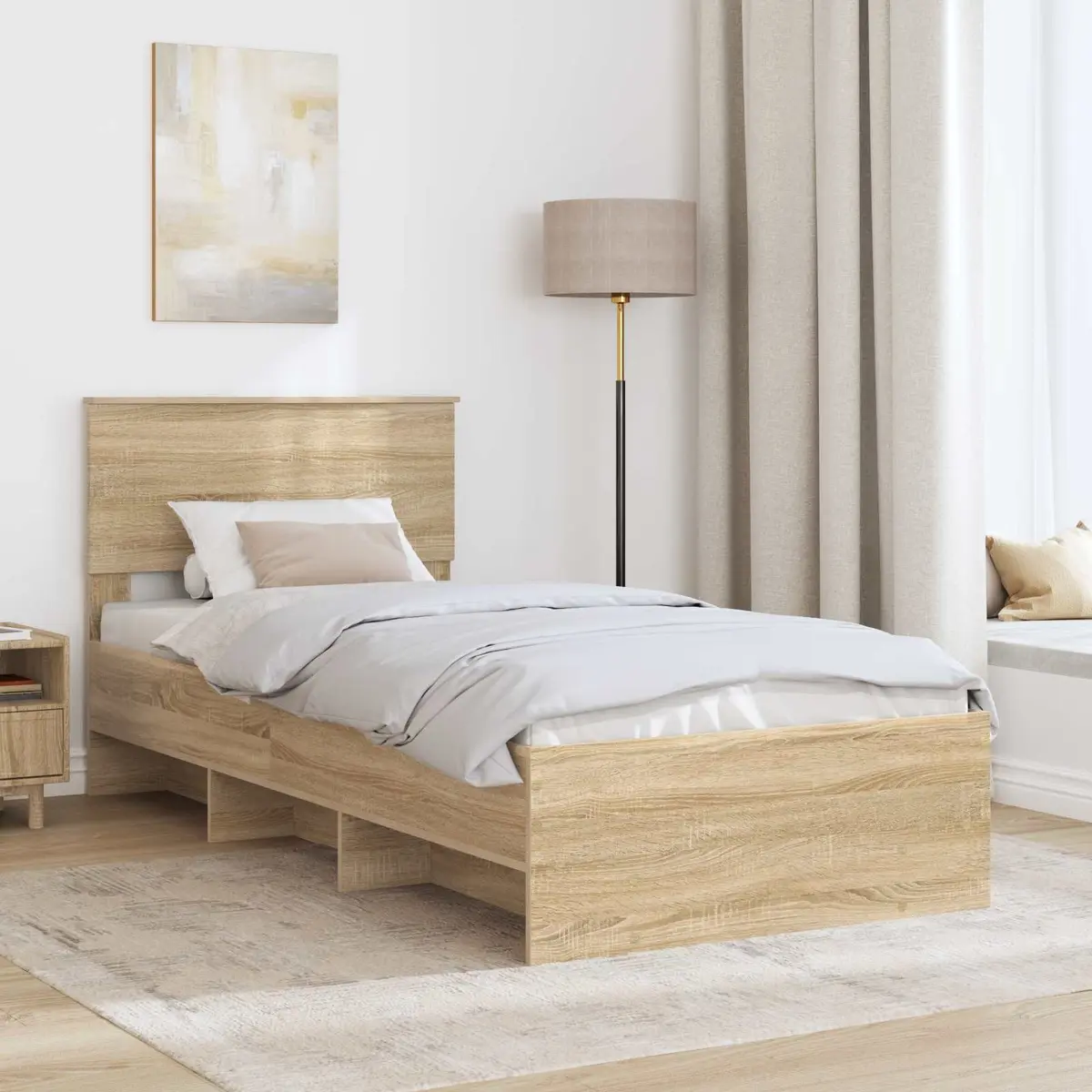Brown Engineered Wood Bed Frame with Headboard 90 x 200 cm