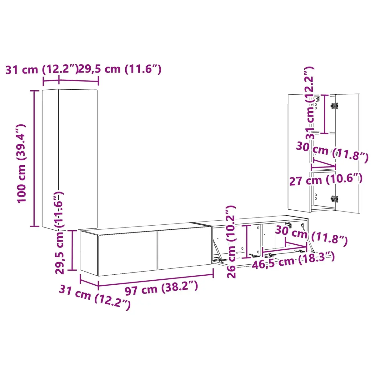 TV Wall Cabinet Set 4 Pcs White Wall-Mounted Storage Entertainment Media Unit