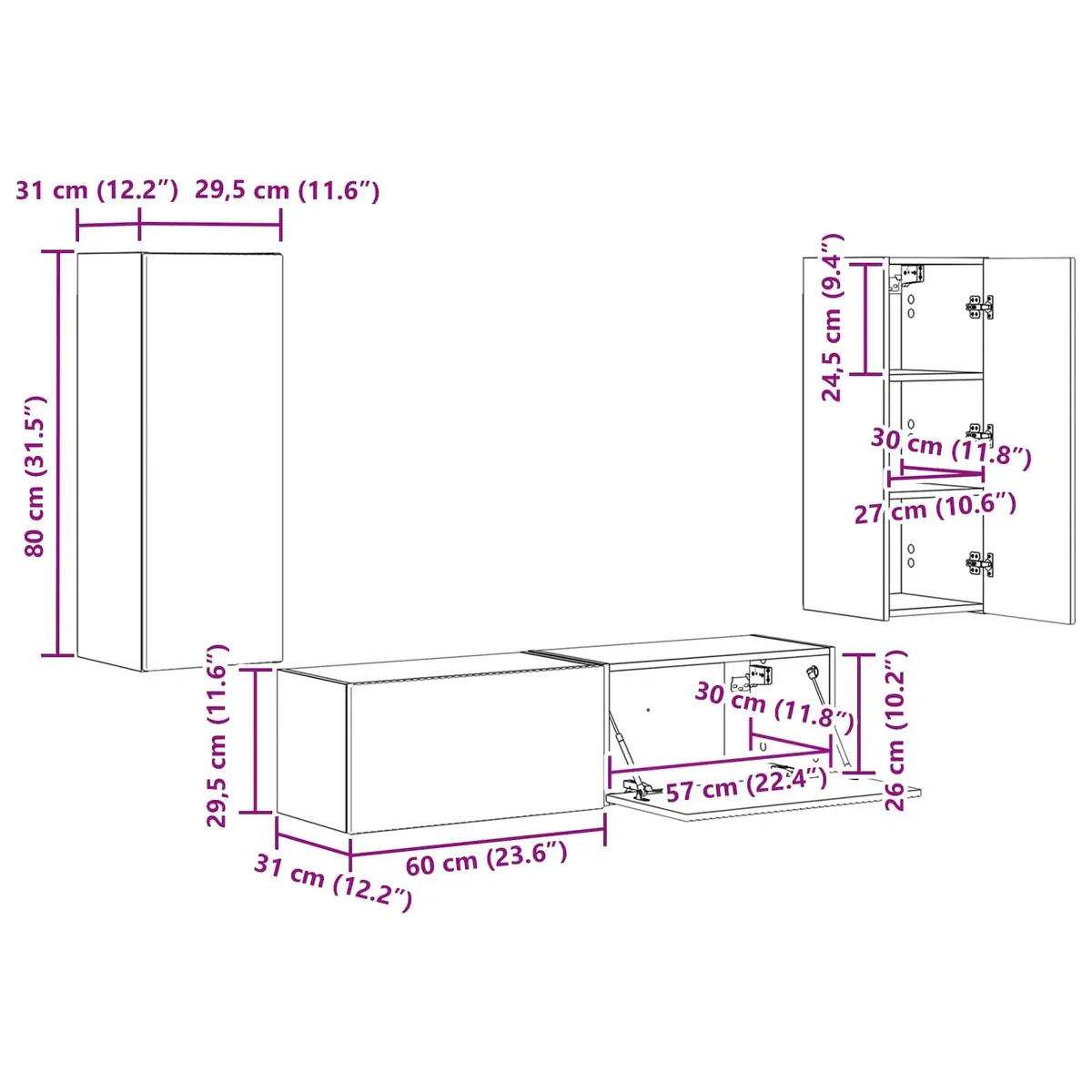 Wall-mounted TV Cabinet Set Engineered Wood White 2 Pieces
