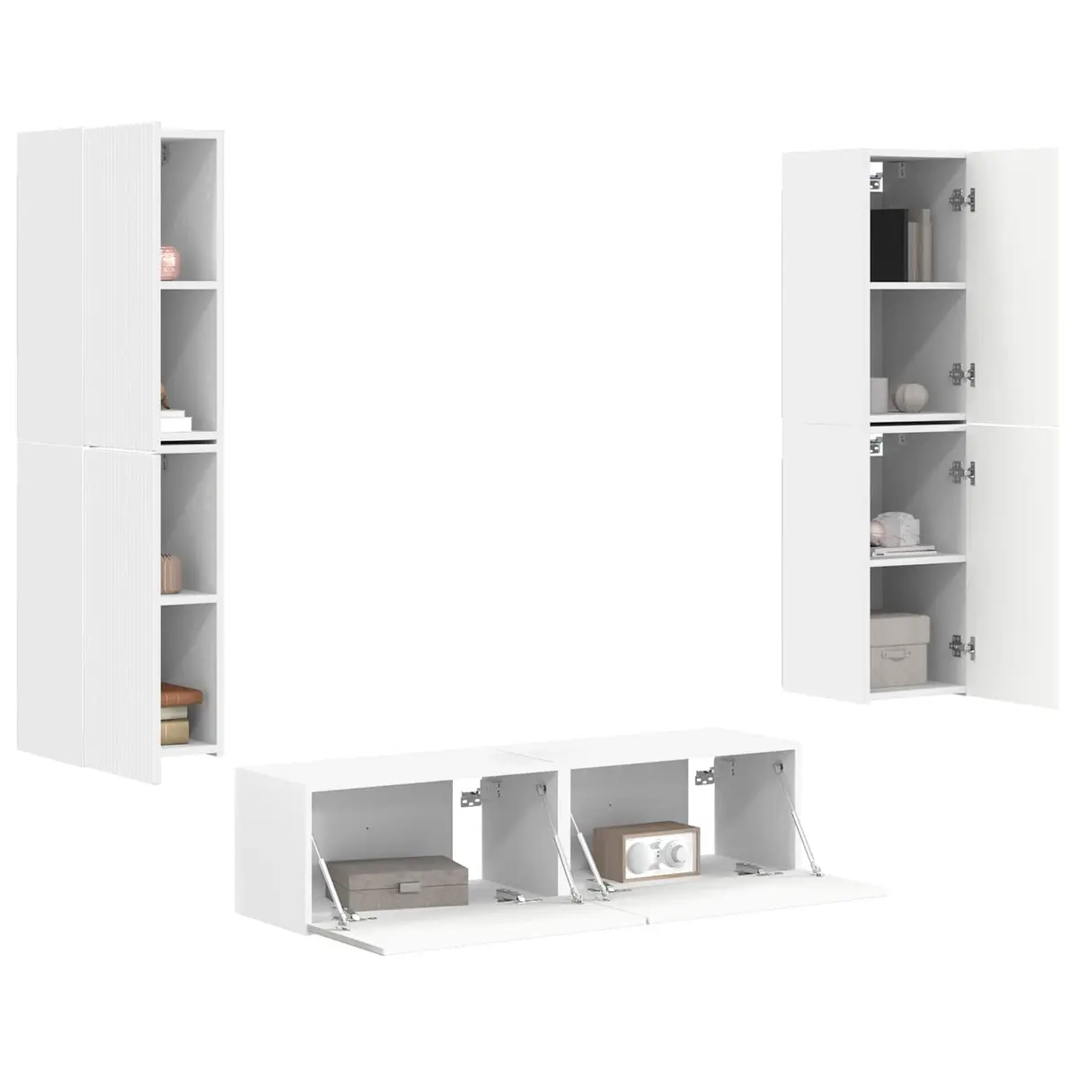 TV Cabinet Set Engineered Wood Composite 6 Pieces White Modern Storage Unit Shelves Drawers LED Lights