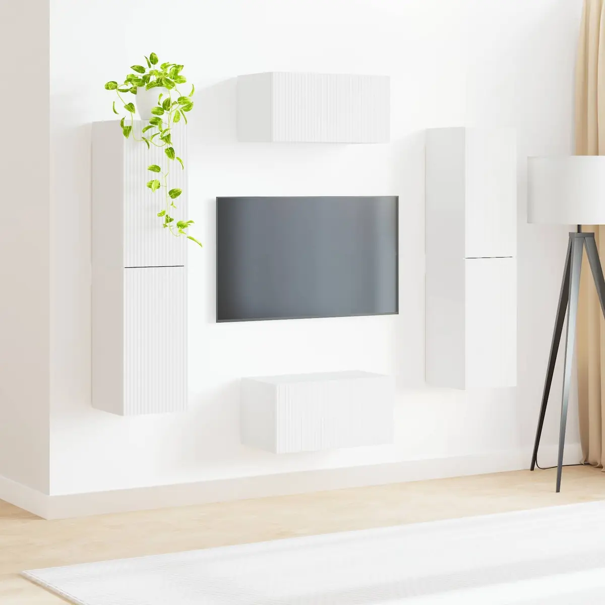 TV Cabinet Set Engineered Wood Composite 6 Pieces White Modern Storage Unit Shelves Drawers LED Lights