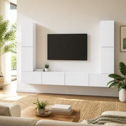 8-Piece White Engineered Wood TV Cabinet Set