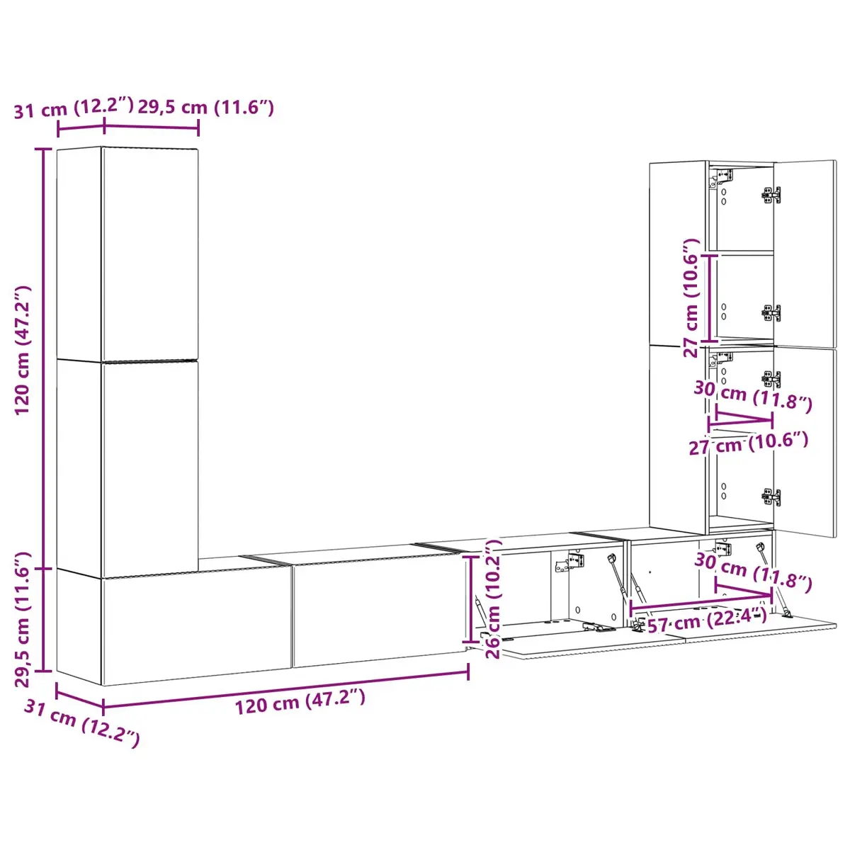 8-Piece White Engineered Wood TV Cabinet Set