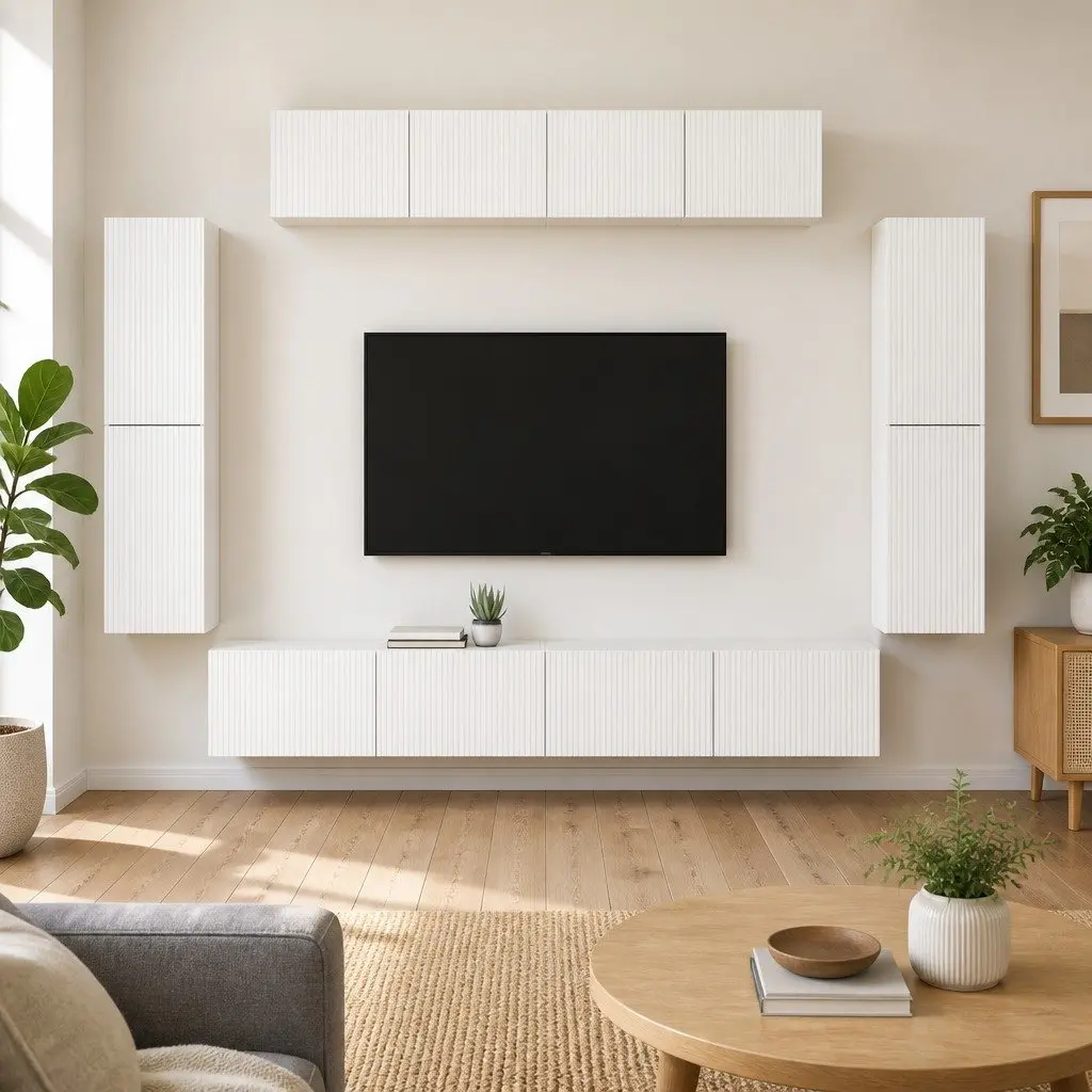 White Wall-Mounted TV Cabinet with 8 Storage Units