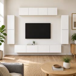 Modern White Wall-Mounted TV Cabinet with 8 Storage Units