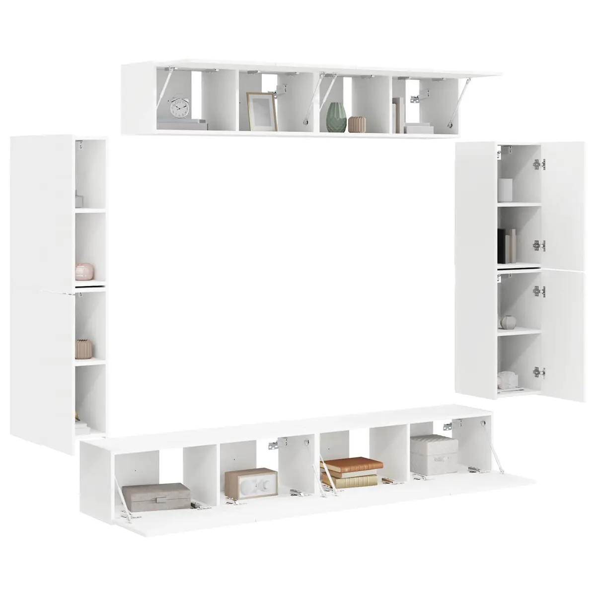 White Wall-Mounted TV Cabinet with 8 Storage Units