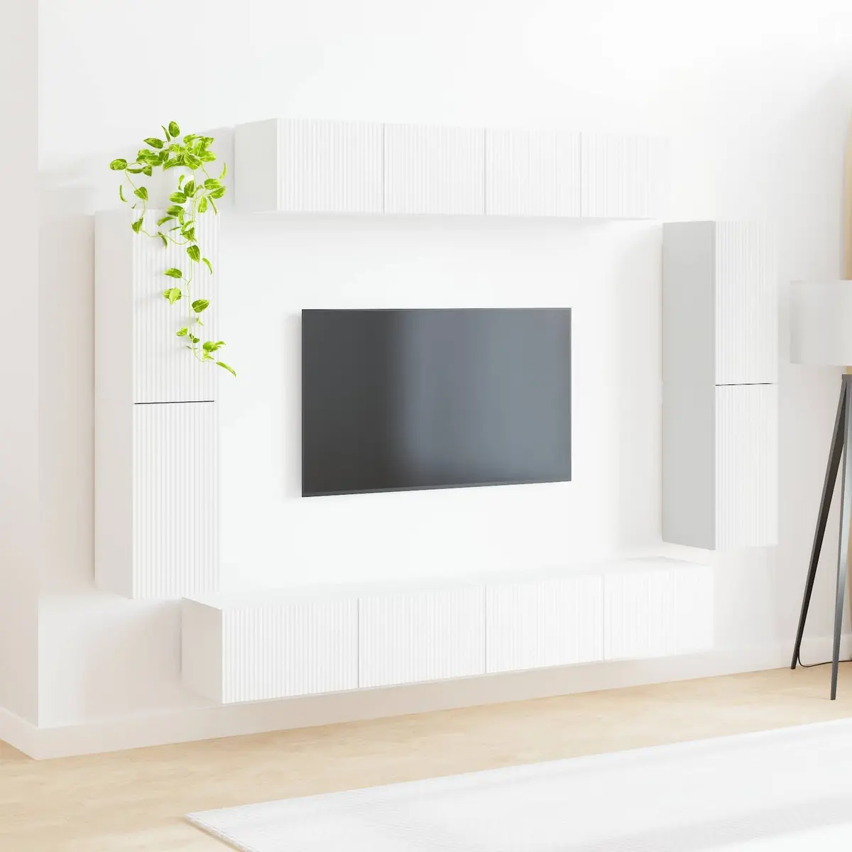 White Wall-Mounted TV Cabinet with 8 Storage Units