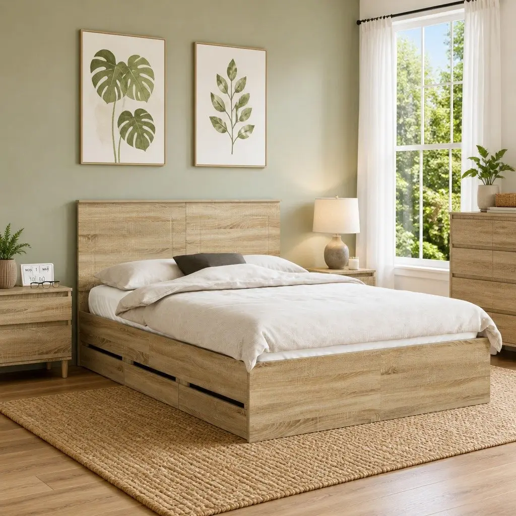 Bed Frame with Storage Drawers in Brown Finish