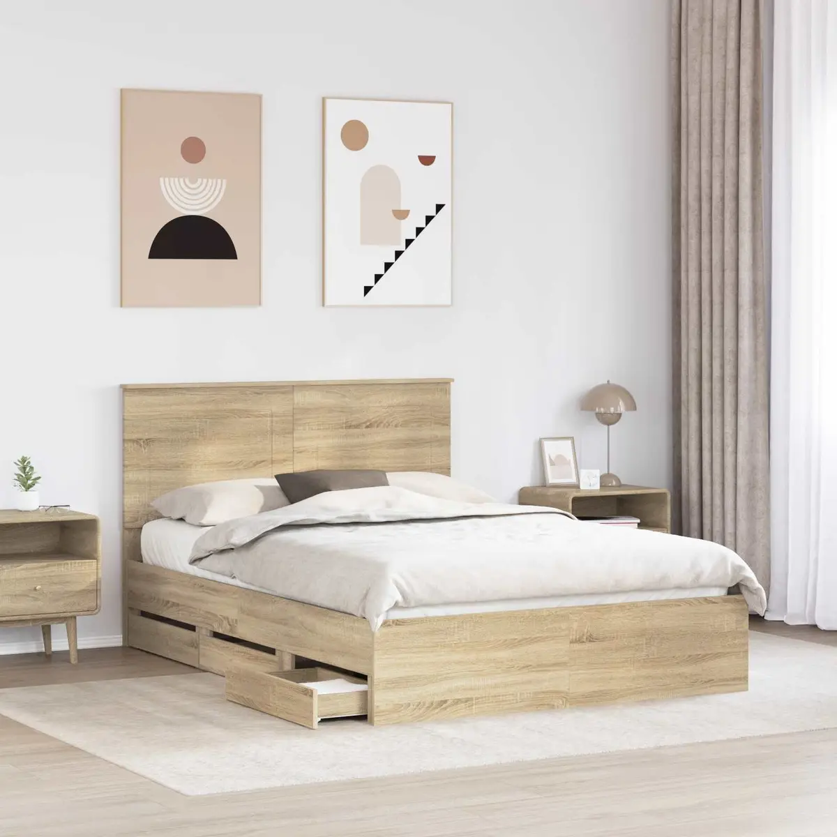 Bed Frame with Storage Drawers in Brown Finish