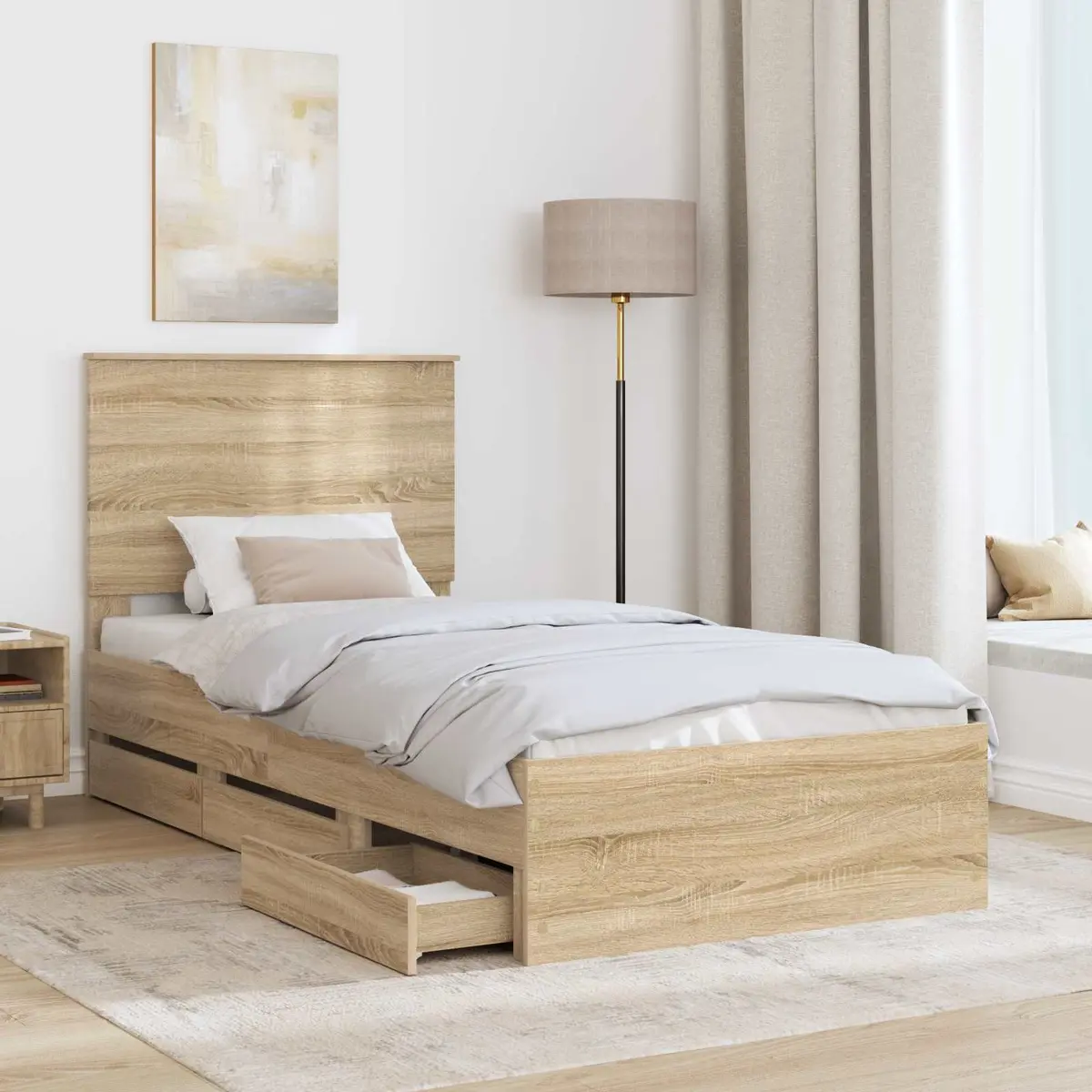 Bed Frame Engineered Wood 90 x 190 cm Brown Sonoma Oak Modern with Storage Drawer