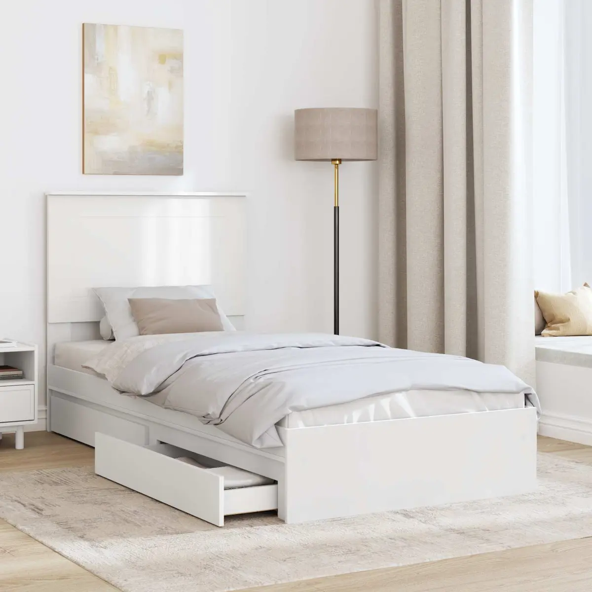 White Storage Bed Frame with Headboard 90 x 190 cm