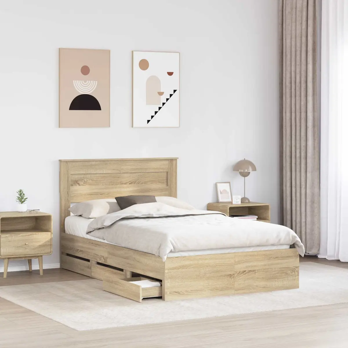Bed Frame Engineered Wood 135 x 190 cm Brown Sonoma Oak with Storage Drawer