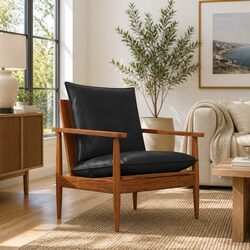 Black Real Leather Armchair with Solid Wood Frame
