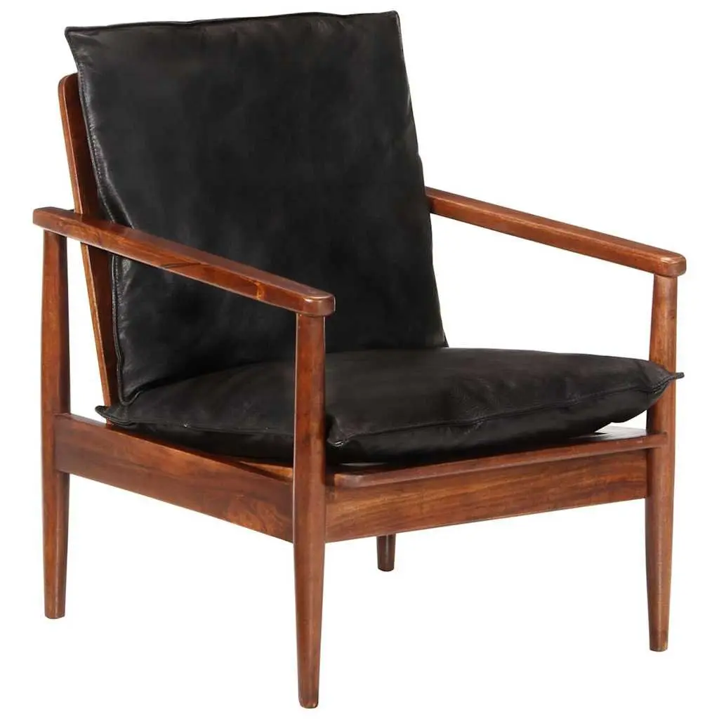 Black Real Leather Armchair with Solid Wood Frame