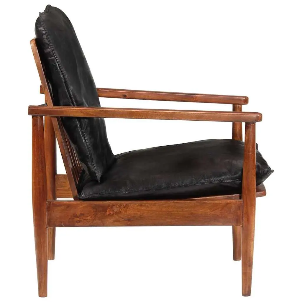 Black Real Leather Armchair with Solid Wood Frame