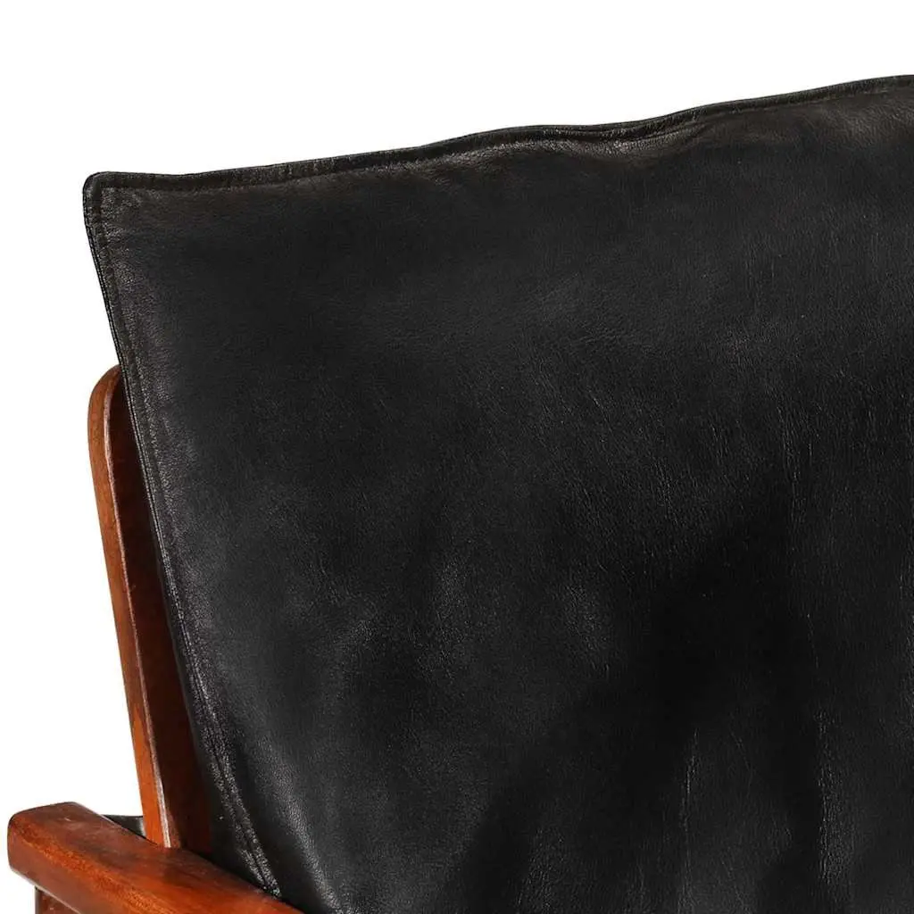 Black Real Leather Armchair with Solid Wood Frame