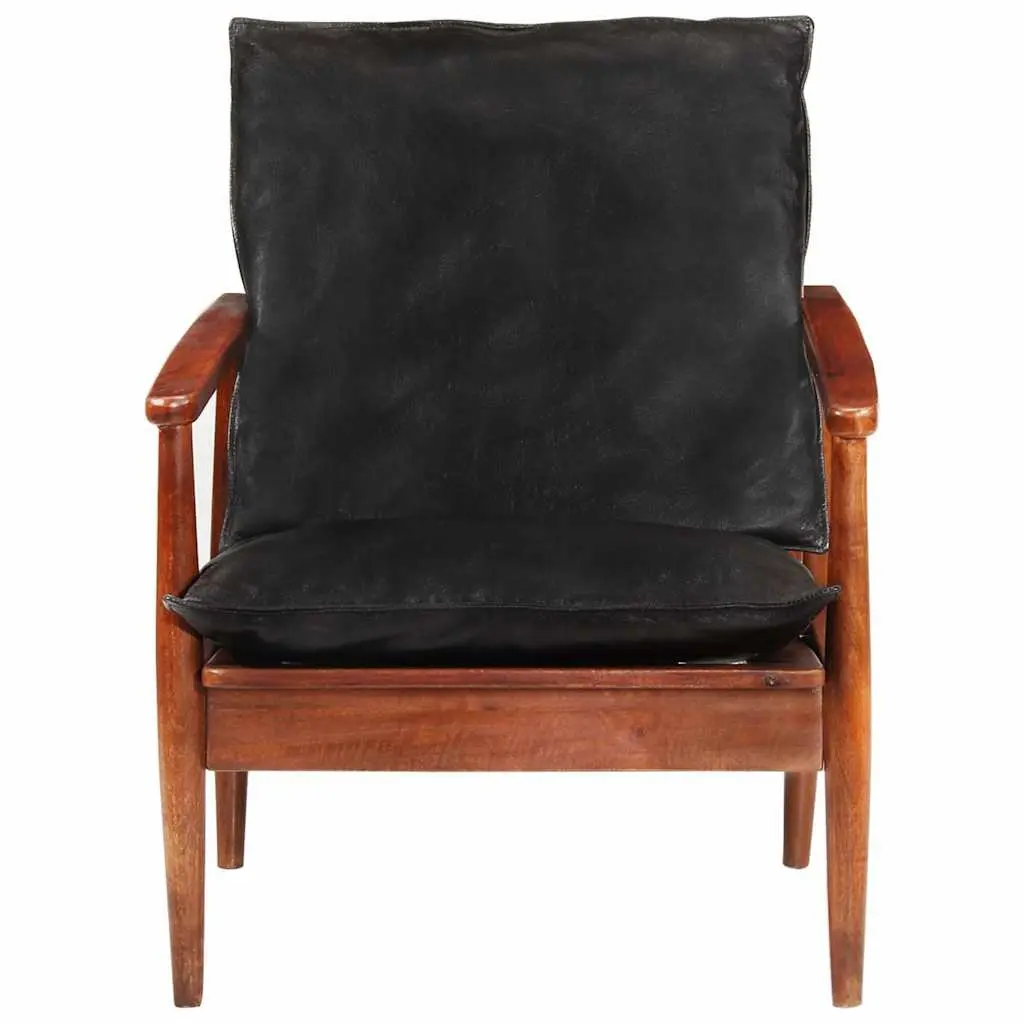 Black Real Leather Armchair with Solid Wood Frame