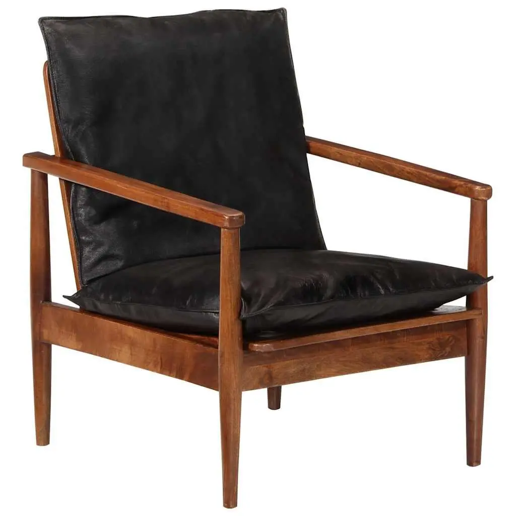 Black Real Leather Armchair with Solid Wood Frame