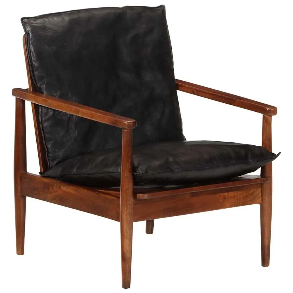 Black Real Leather Armchair with Solid Wood Frame