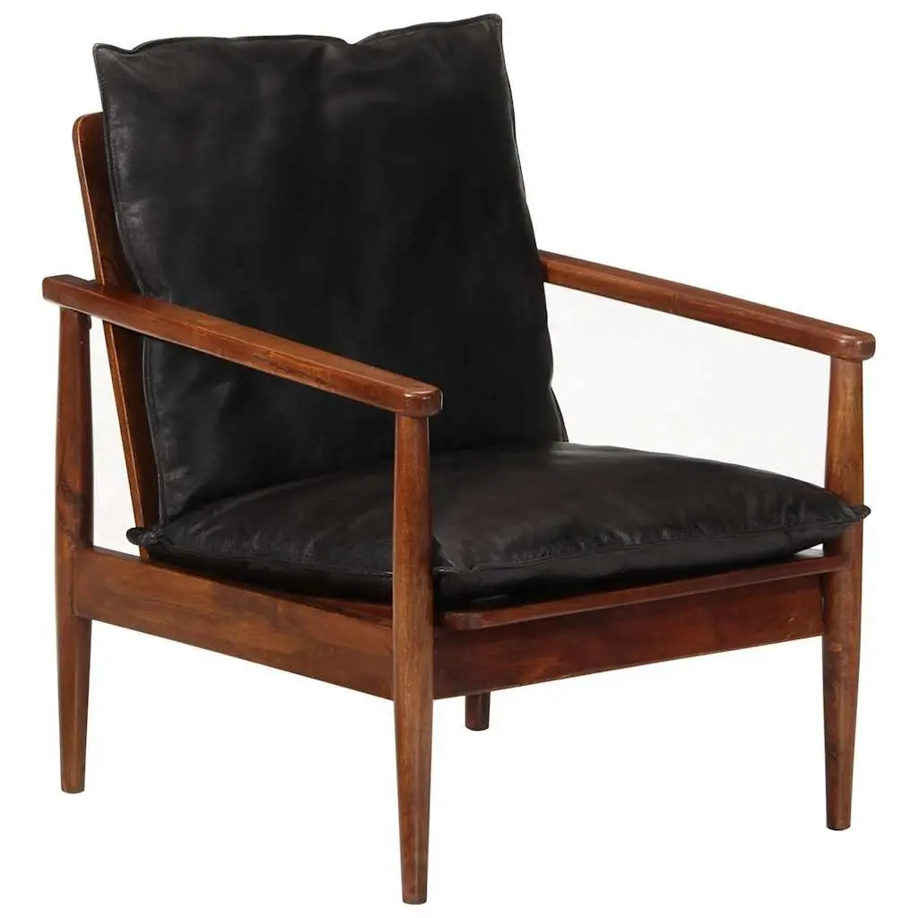 Black Real Leather Armchair with Solid Wood Frame