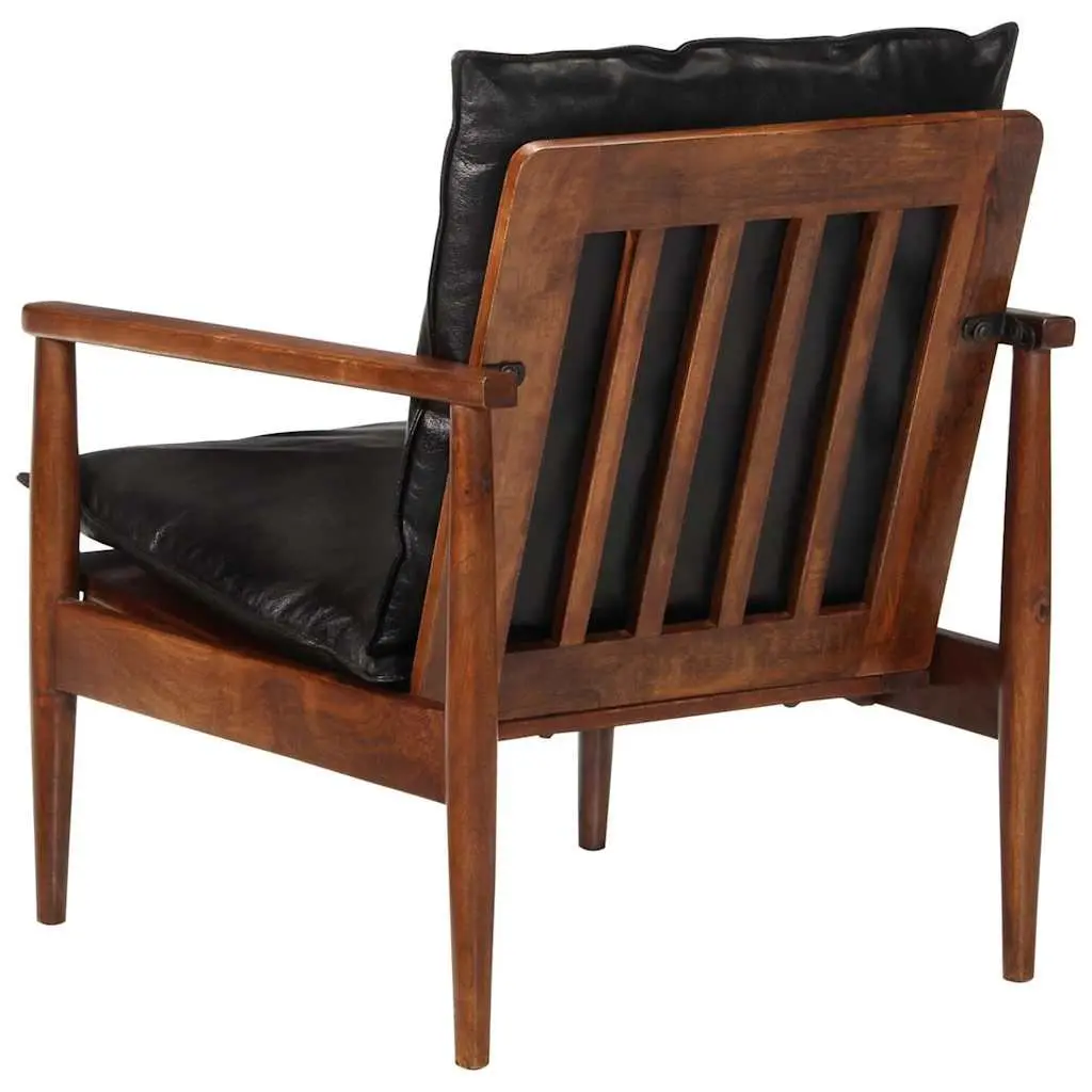 Black Real Leather Armchair with Solid Wood Frame