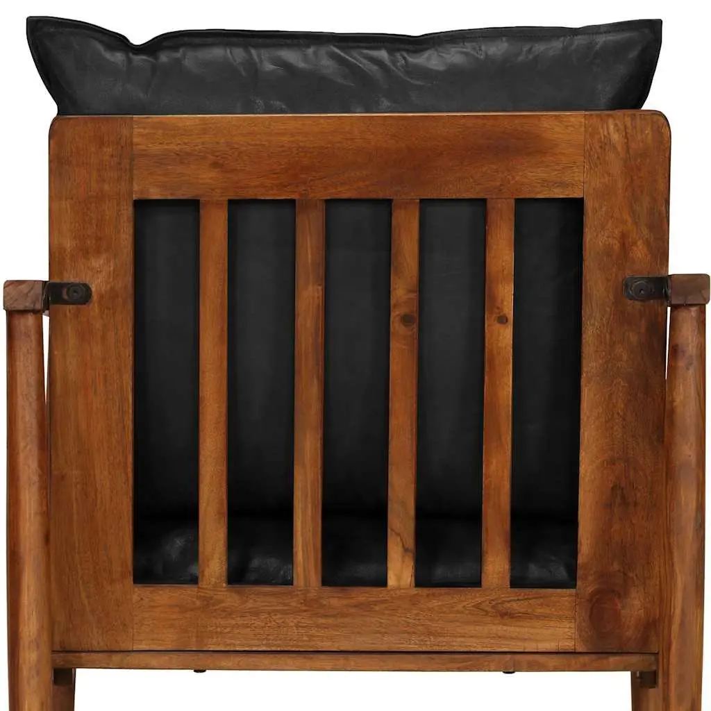 Black Real Leather Armchair with Solid Wood Frame