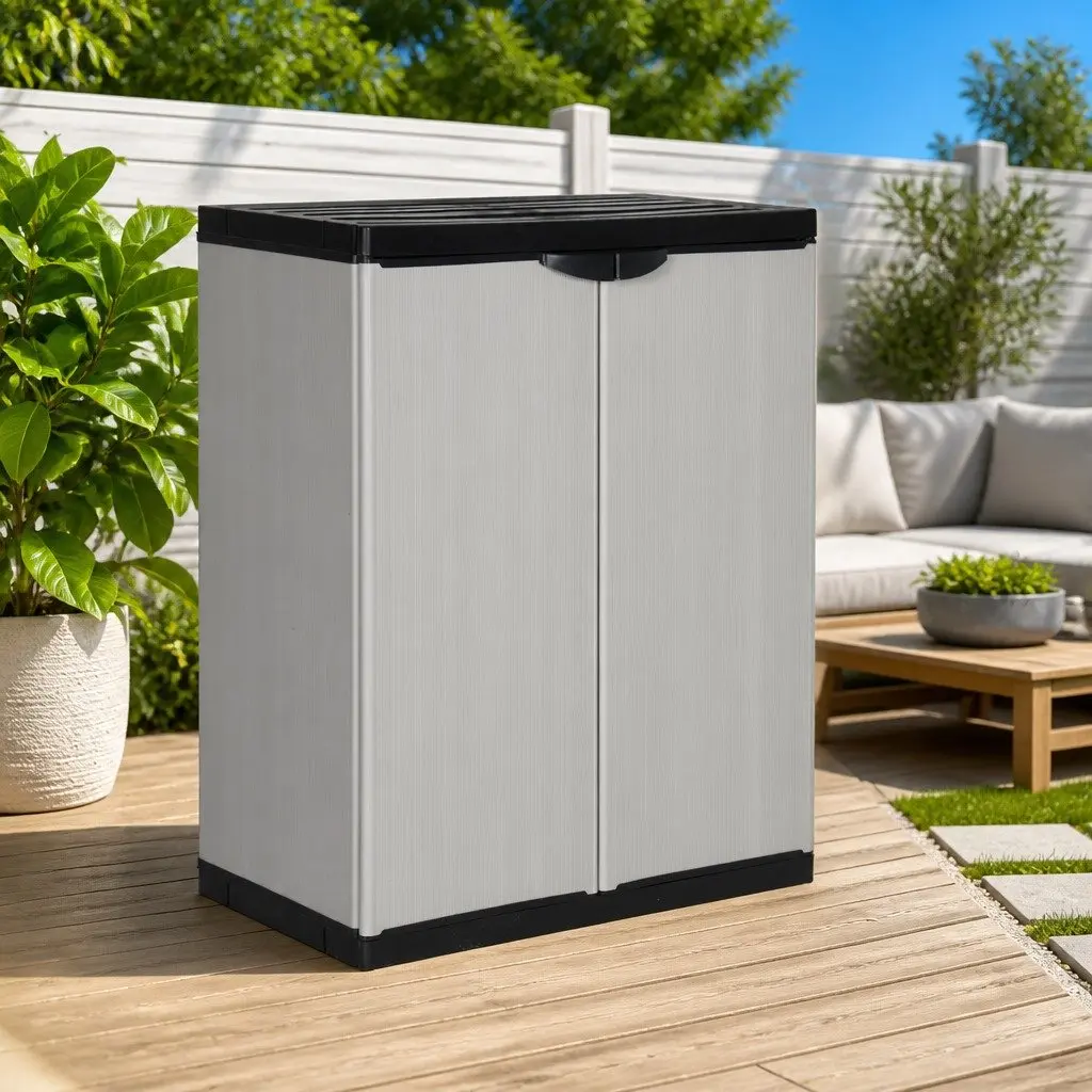 Garden Storage Cabinet PVC Grey 68W x 40D x 85H cm with 1 Shelf Outdoor Patio Deck Lockable Organiser
