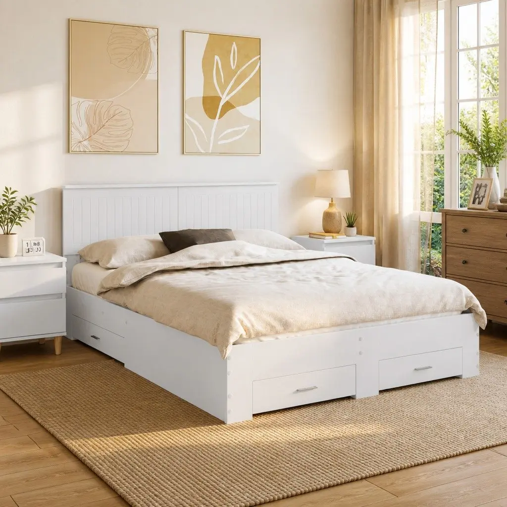 White Bed Frame with Storage Drawers 150 x 200 cm