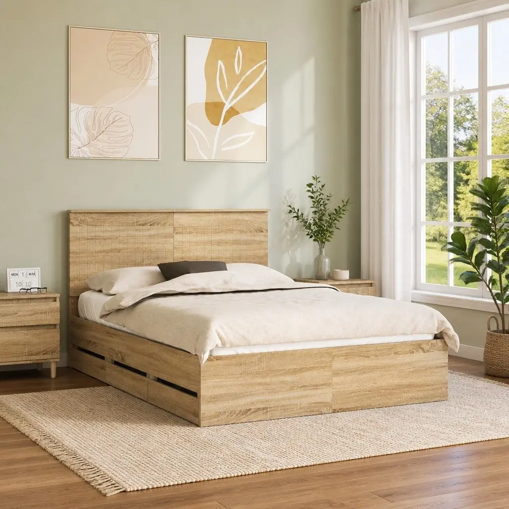 Bed Frame with Drawer Storage in Sonoma Oak