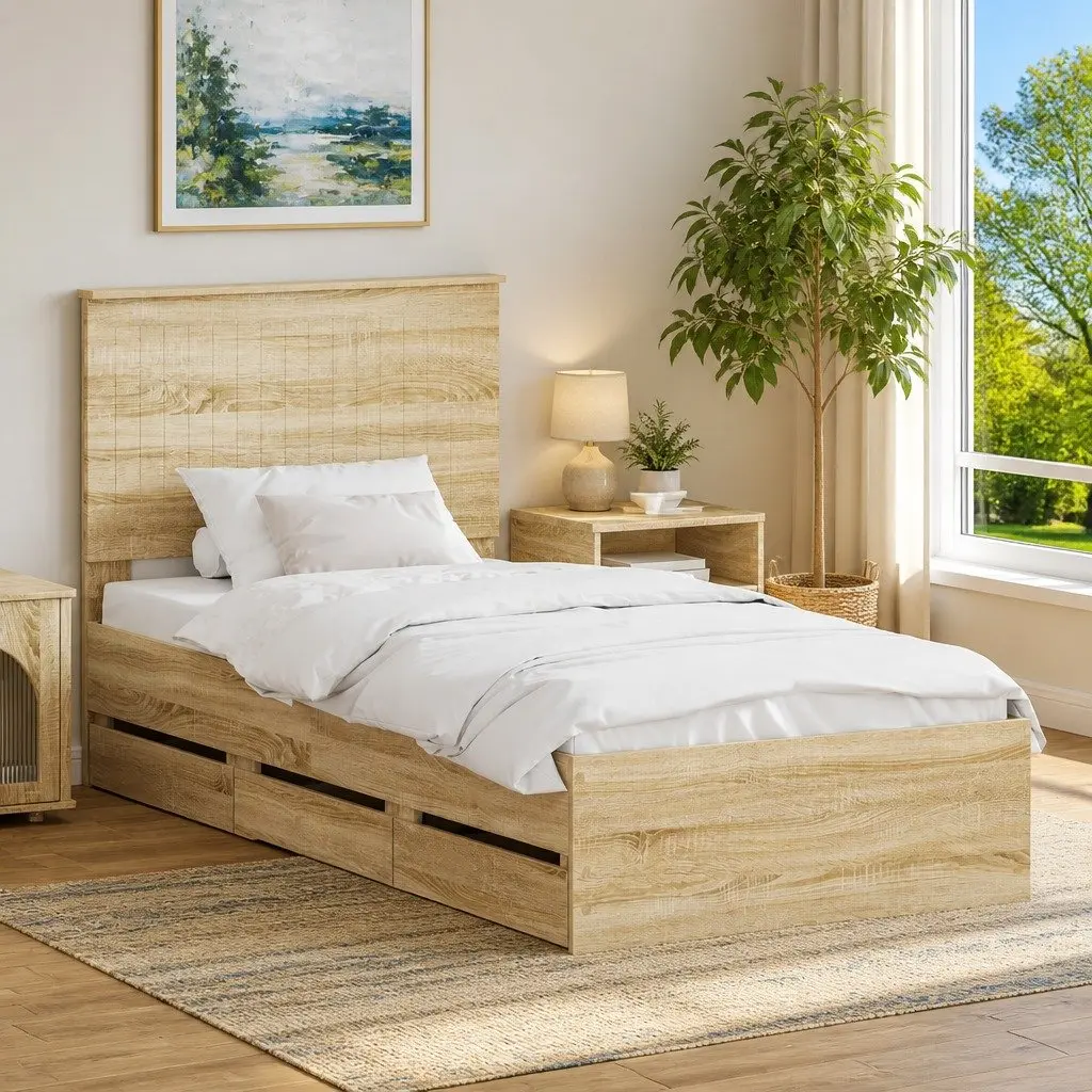 Sonoma Oak Bed Frame with Integrated Drawer Storage 90 x 190 cm